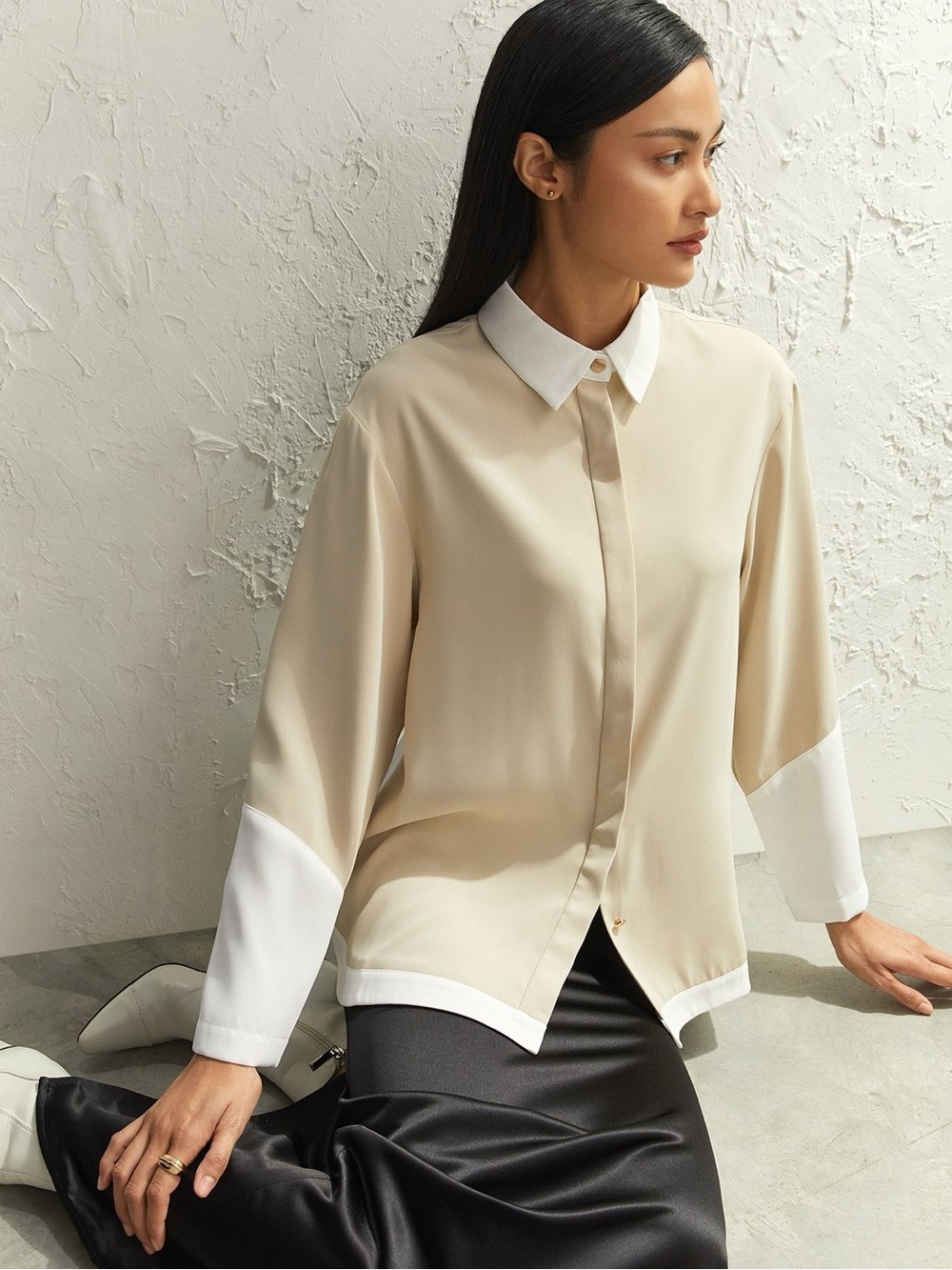 Foxcroft Beige colour block Button-Down Blouse with White Collar & Cuffs and hem